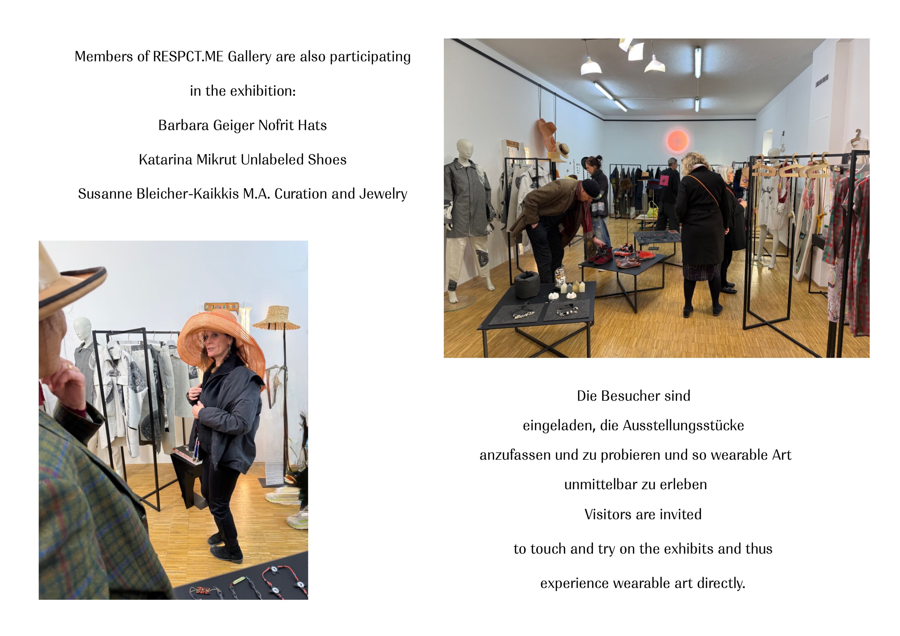 Szenen aus der Ausstellung von Wearable Art Visitors trying on art pieces during the exhibition