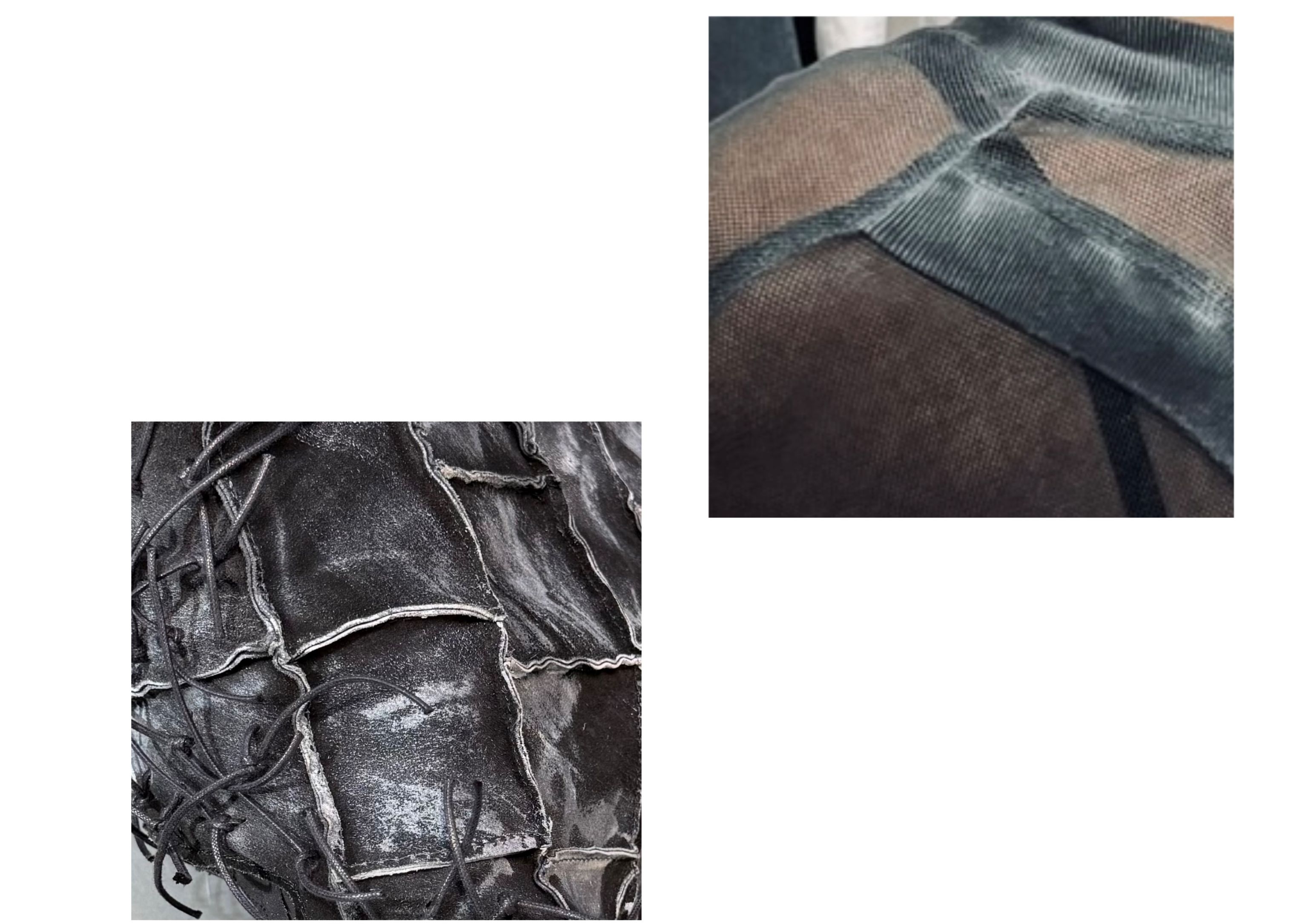 Details of wearable art pieces showing traces of former use